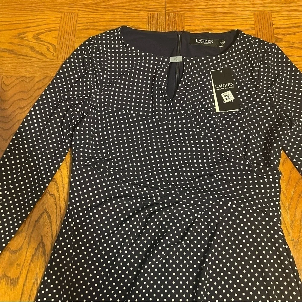 NEW Ralph Lauren Faux Wrap Ruched Jersey Knit Polka Dot Midi Dress in Navy Sz 6